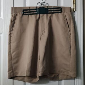 Perry Ellis 2 Under khaki  tan dress casual flat front shorts  Sz 34
